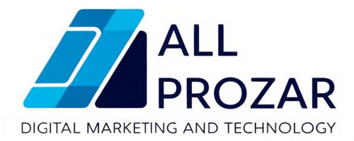 Design a sleek, modern logo for a digital marketing and technology company named 'All Prozar.' The logo should focus on simplicity and professionalism, using a color scheme of blue, white, and gre (1)